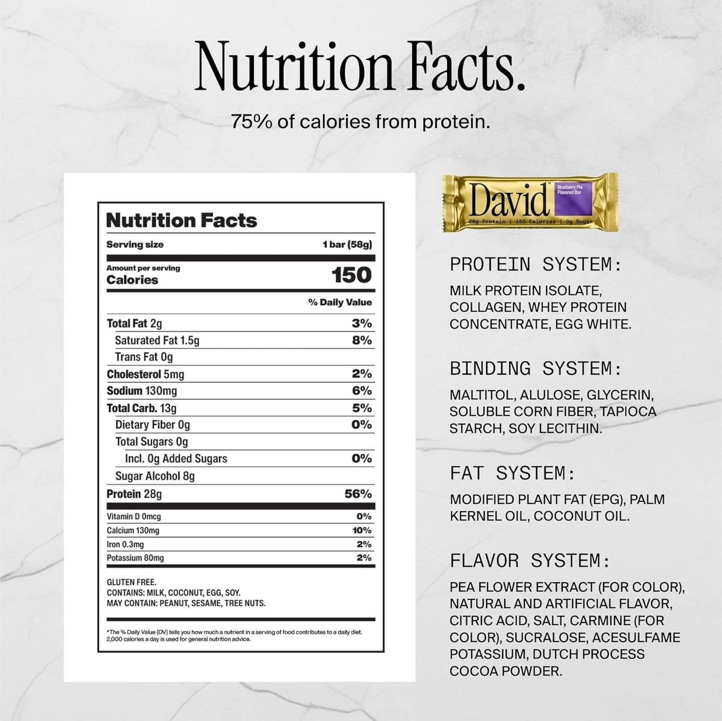π High Protein Bars No Sugar - Sugar Free Protein Bars, Low Carb, Gluten Free - 28g of Protein, 150 Calories - David Bar On-The-Go Snack , Pack of 12